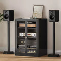 Bekrvio Metal Media Cabinet, 4-Tier Stereo Cabinet with Glass Doors &amp; Adjustable Shelves, Audio AV Rack with Cable Management