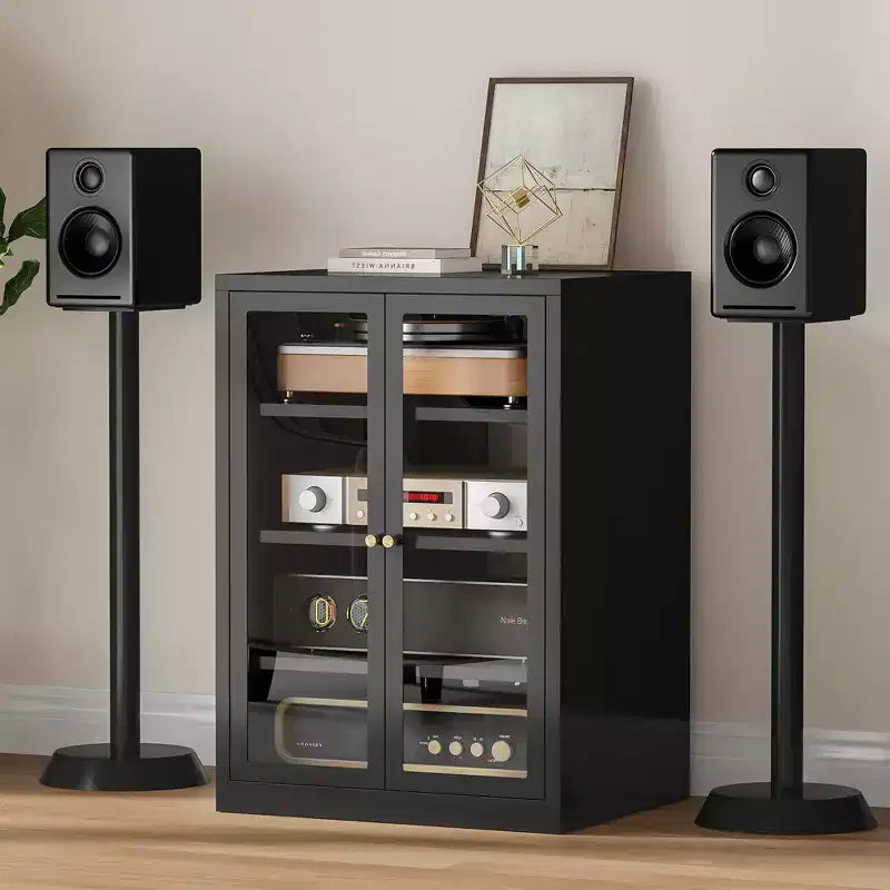 Bekrvio Metal Media Cabinet, 4-Tier Stereo Cabinet with Glass Doors &amp; Adjustable Shelves, Audio AV Rack with Cable Management