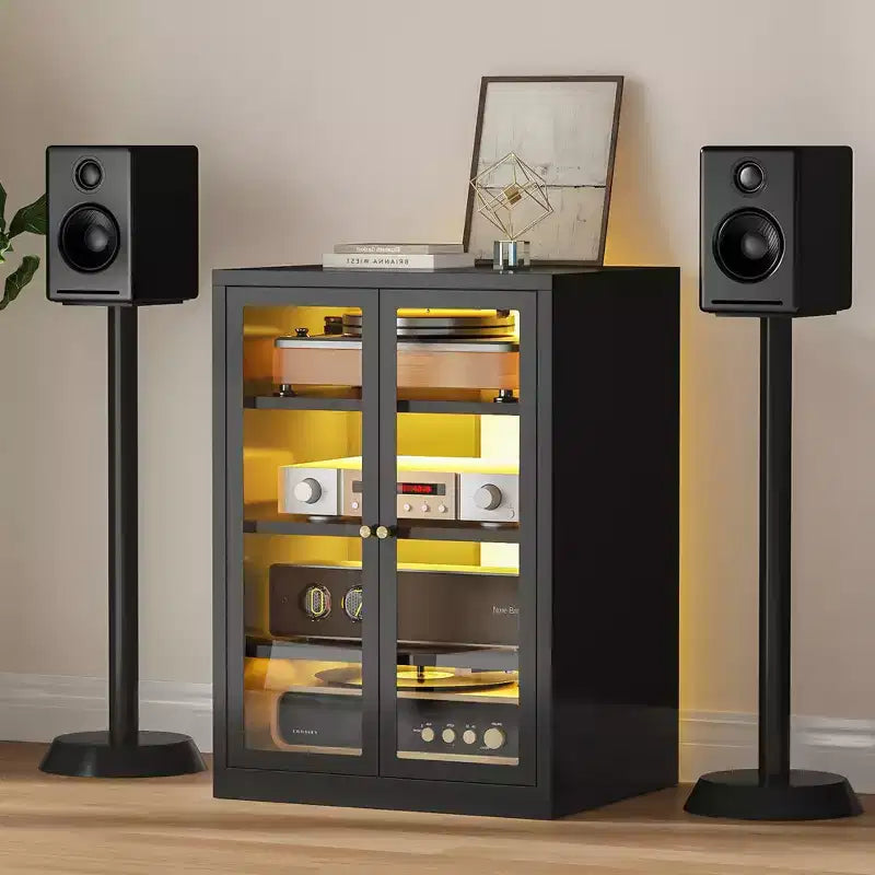 Meuble multimédia en métal, Meuble stéréo 4 niveaux avec portes en verre et étagères réglables, Rack audio-vidéo avec gestion des câbles