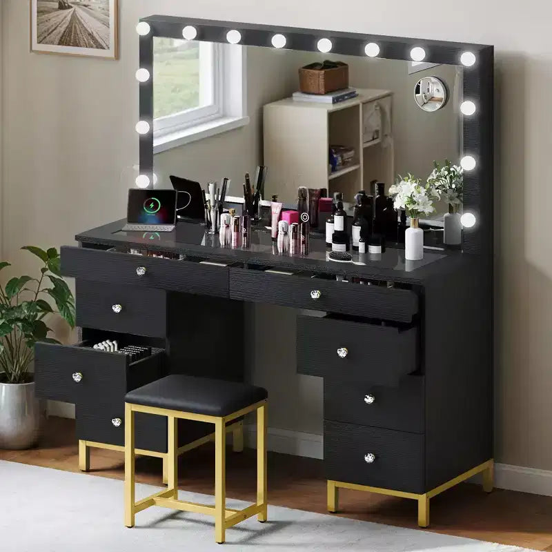 Vanity Desk With Large Lighted Mirror, 14 Lights Makeup Vanity Table With 8 Large Drawers &amp; Charging Station, Makeup Vanity Desk