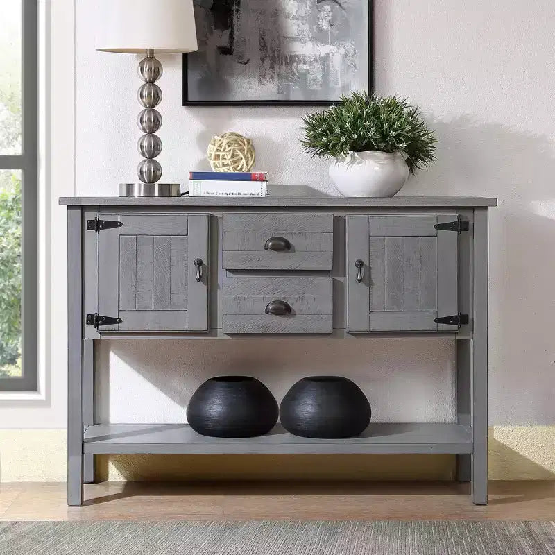 TUYOHW 46 Pine Wood Console Table with 2 Cabinets &amp; 2 Drawers,Buffet Sideboard with Open Shelf,Rustic Entryway Table for Living Room,Hallway