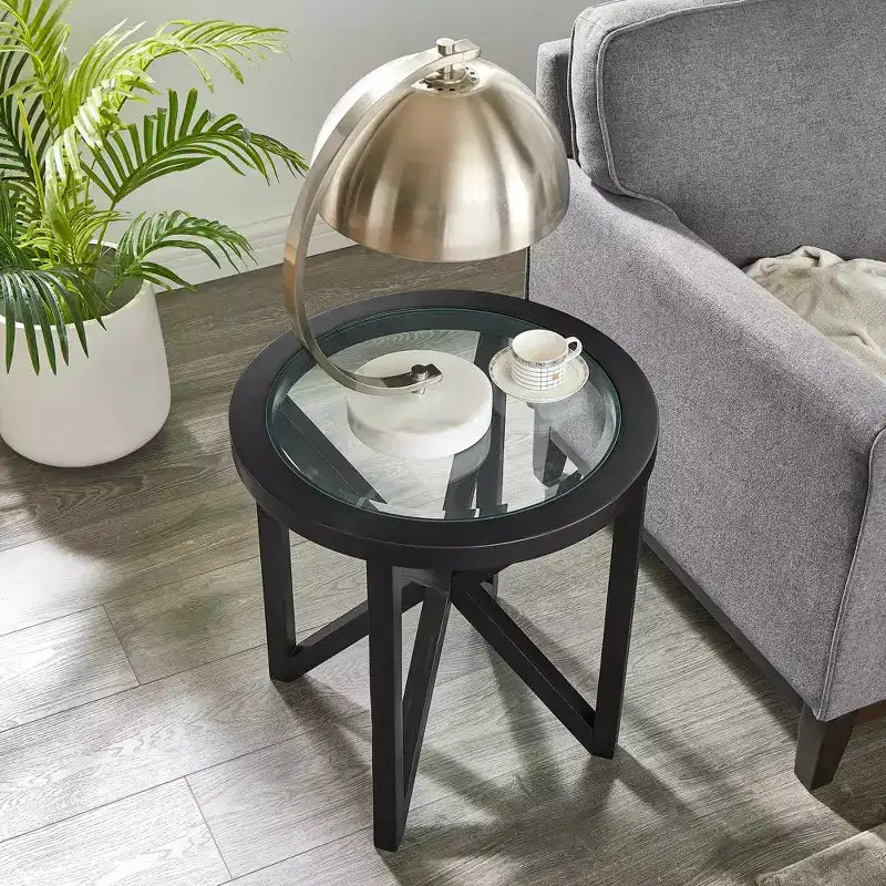 MAYEERTY Modern Round Simple Glass Coffee Table Tempered Glass Coffee Table Solid Wood Base for Living Room Black