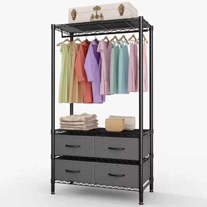 71H Clothes Rack With 4 Fabric Drawers, Wire Garment Rack with Hang Rod &amp; Adjustable Shelves, Freestanding Clothing Rack for Bedroom