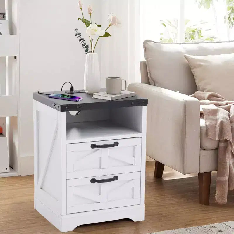 Modern Farmhouse Style Bedside Table With Charging Station, 2-Drawer Industrial Style White Bedside Table, Stylish And Compact Bedroom Side Table