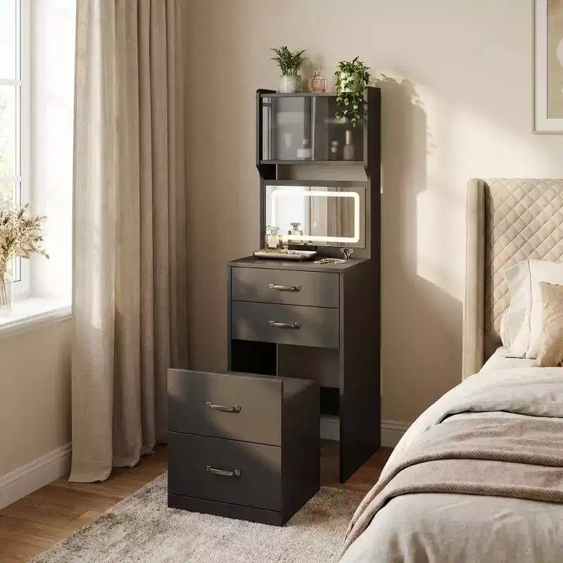 3 in 1 Vanity Desk with 3 Color Light, Compact Makeup Vanity Set with 2 AC Outlets &amp; USB, Dressing Table with Drawers