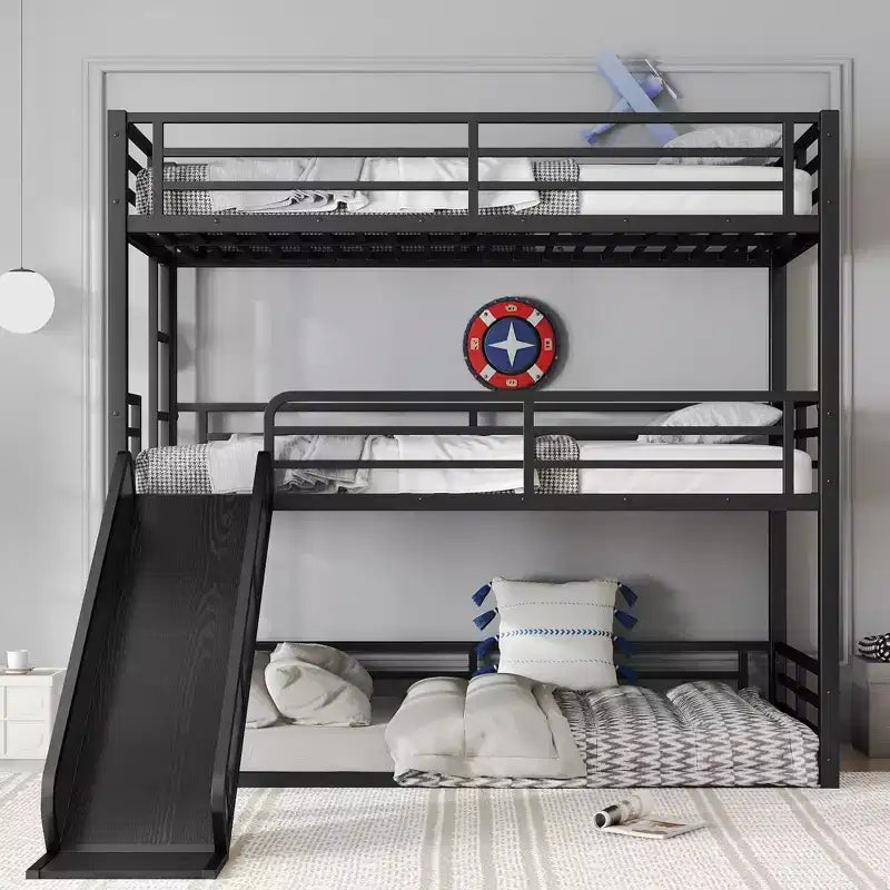 Twin XL over Twin XL over Twin XL Bunk Bed with Slide Metal Triple Bunk Bed with Safety Guardrails Heavy-duty Bunk Bed with Noise-reduced Design Black