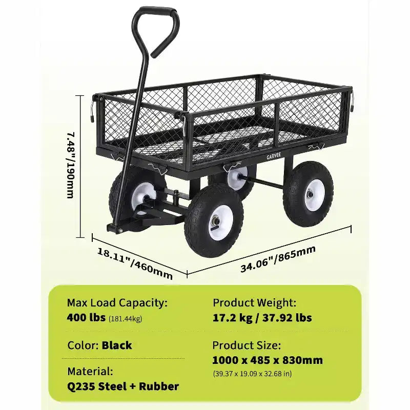 Chariot d'extérieur polyvalent, 400 livres (181 kg) robuste, 10 pneus pneumatiques tout-terrain, chariot de jardin manœuvrable avec panneaux grillagés amovibles pour le jardinage