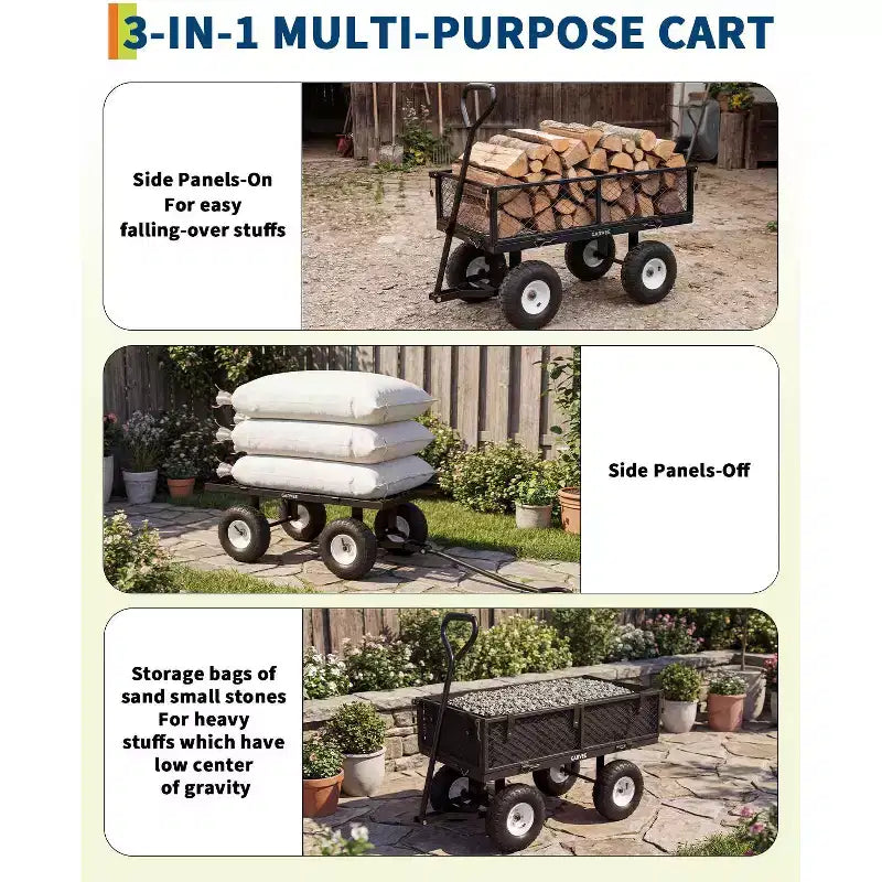Chariot d'extérieur polyvalent, 400 livres (181 kg) robuste, 10 pneus pneumatiques tout-terrain, chariot de jardin manœuvrable avec panneaux grillagés amovibles pour le jardinage