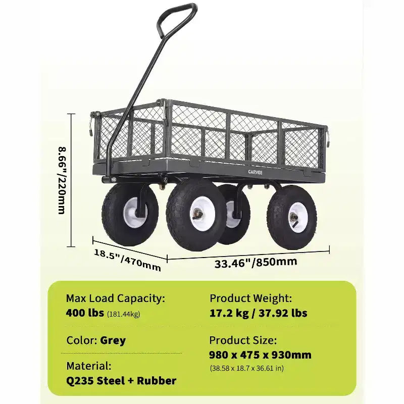 Chariot d'extérieur polyvalent, 400 livres (181 kg) robuste, 10 pneus pneumatiques tout-terrain, chariot de jardin manœuvrable avec panneaux grillagés amovibles pour le jardinage