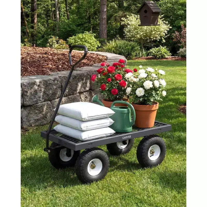 Chariot d'extérieur polyvalent, 400 livres (181 kg) robuste, 10 pneus pneumatiques tout-terrain, chariot de jardin manœuvrable avec panneaux grillagés amovibles pour le jardinage