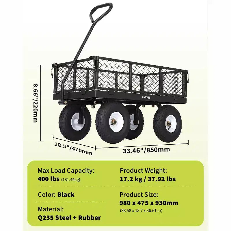 Chariot d'extérieur polyvalent, 400 livres (181 kg) robuste, 10 pneus pneumatiques tout-terrain, chariot de jardin manœuvrable avec panneaux grillagés amovibles pour le jardinage