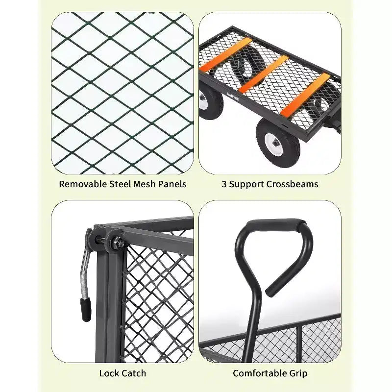 Chariot d'extérieur polyvalent, 400 livres (181 kg) robuste, 10 pneus pneumatiques tout-terrain, chariot de jardin manœuvrable avec panneaux grillagés amovibles pour le jardinage