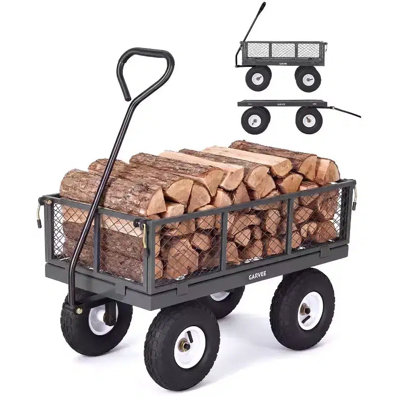 Chariot d'extérieur polyvalent, 400 livres (181 kg) robuste, 10 pneus pneumatiques tout-terrain, chariot de jardin manœuvrable avec panneaux grillagés amovibles pour le jardinage
