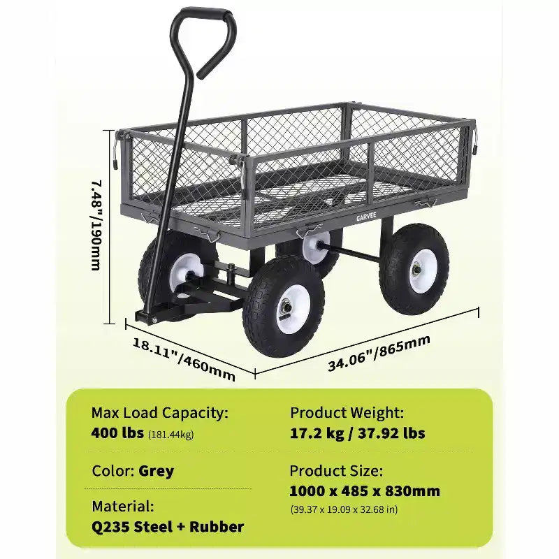 Chariot d'extérieur polyvalent, 400 livres (181 kg) robuste, 10 pneus pneumatiques tout-terrain, chariot de jardin manœuvrable avec panneaux grillagés amovibles pour le jardinage