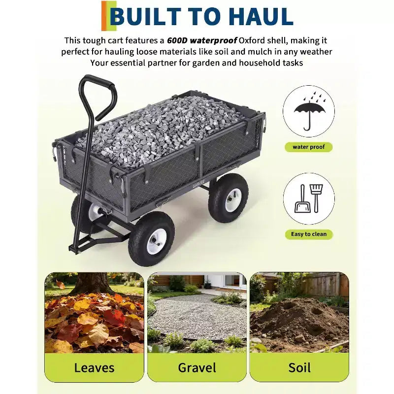 Chariot d'extérieur polyvalent, 400 livres (181 kg) robuste, 10 pneus pneumatiques tout-terrain, chariot de jardin manœuvrable avec panneaux grillagés amovibles pour le jardinage