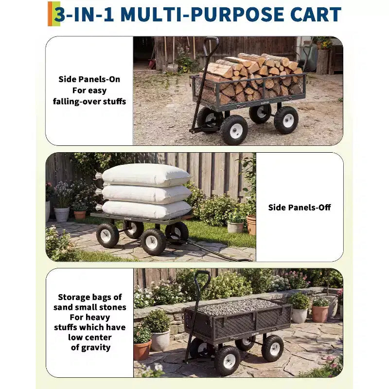 Chariot d'extérieur polyvalent, 400 livres (181 kg) robuste, 10 pneus pneumatiques tout-terrain, chariot de jardin manœuvrable avec panneaux grillagés amovibles pour le jardinage