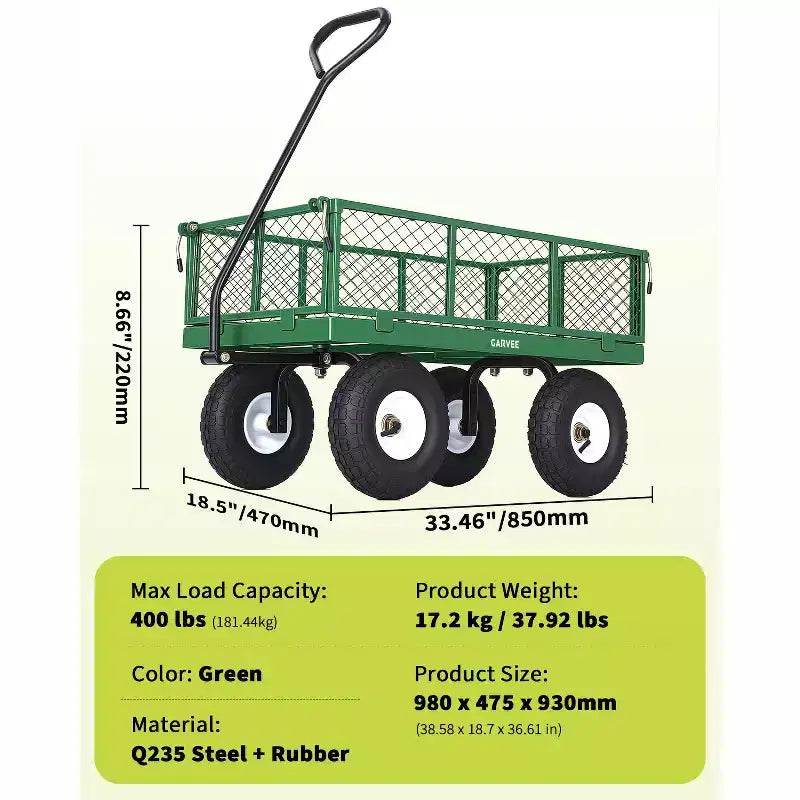 Chariot d'extérieur polyvalent, 400 livres (181 kg) robuste, 10 pneus pneumatiques tout-terrain, chariot de jardin manœuvrable avec panneaux grillagés amovibles pour le jardinage