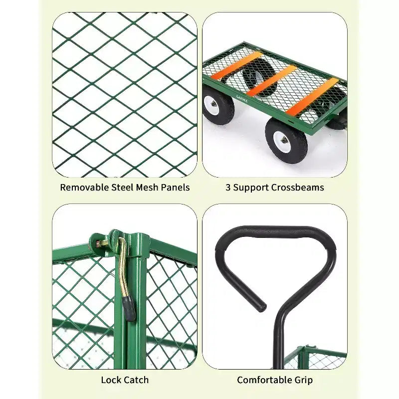 Chariot d'extérieur polyvalent, 400 livres (181 kg) robuste, 10 pneus pneumatiques tout-terrain, chariot de jardin manœuvrable avec panneaux grillagés amovibles pour le jardinage