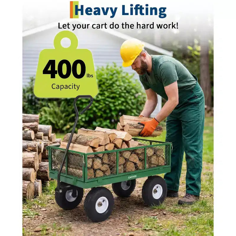 Chariot d'extérieur polyvalent, 400 livres (181 kg) robuste, 10 pneus pneumatiques tout-terrain, chariot de jardin manœuvrable avec panneaux grillagés amovibles pour le jardinage