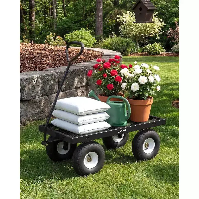 Chariot d'extérieur polyvalent, 400 livres (181 kg) robuste, 10 pneus pneumatiques tout-terrain, chariot de jardin manœuvrable avec panneaux grillagés amovibles pour le jardinage