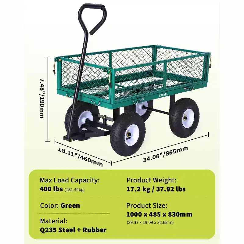 Chariot d'extérieur polyvalent, 400 livres (181 kg) robuste, 10 pneus pneumatiques tout-terrain, chariot de jardin manœuvrable avec panneaux grillagés amovibles pour le jardinage