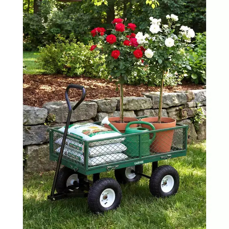 Chariot d'extérieur polyvalent, 400 livres (181 kg) robuste, 10 pneus pneumatiques tout-terrain, chariot de jardin manœuvrable avec panneaux grillagés amovibles pour le jardinage