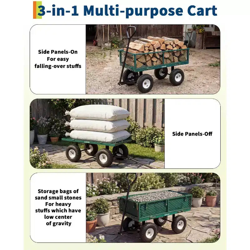 Chariot d'extérieur polyvalent, 400 livres (181 kg) robuste, 10 pneus pneumatiques tout-terrain, chariot de jardin manœuvrable avec panneaux grillagés amovibles pour le jardinage