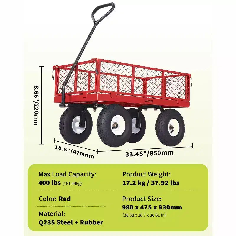 Chariot d'extérieur polyvalent, 400 livres (181 kg) robuste, 10 pneus pneumatiques tout-terrain, chariot de jardin manœuvrable avec panneaux grillagés amovibles pour le jardinage