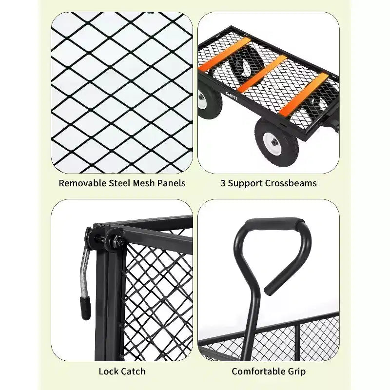 Chariot d'extérieur polyvalent, 400 livres (181 kg) robuste, 10 pneus pneumatiques tout-terrain, chariot de jardin manœuvrable avec panneaux grillagés amovibles pour le jardinage