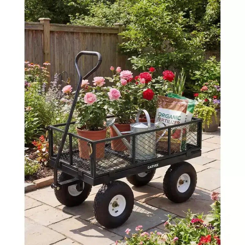 Versatile Outdoor Utility Cart, 400LBS Heavy-Duty, 10 All-Terrain Pneumatic Tires, Maneuverable Lawn Cart with Removable Mesh Panels for Gardening