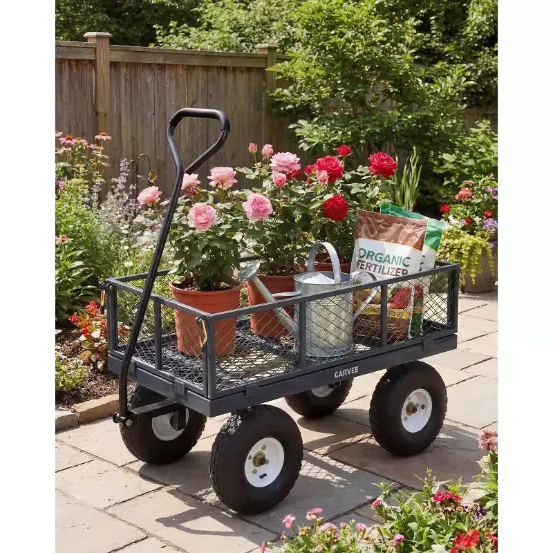 Chariot d'extérieur polyvalent, 400 livres (181 kg) robuste, 10 pneus pneumatiques tout-terrain, chariot de jardin manœuvrable avec panneaux grillagés amovibles pour le jardinage