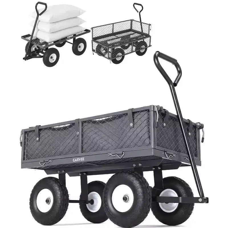 Chariot d'extérieur polyvalent, 400 livres (181 kg) robuste, 10 pneus pneumatiques tout-terrain, chariot de jardin manœuvrable avec panneaux grillagés amovibles pour le jardinage