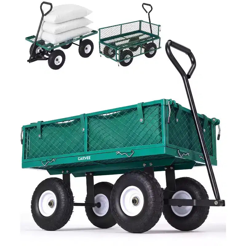 Chariot d'extérieur polyvalent, 400 livres (181 kg) robuste, 10 pneus pneumatiques tout-terrain, chariot de jardin manœuvrable avec panneaux grillagés amovibles pour le jardinage