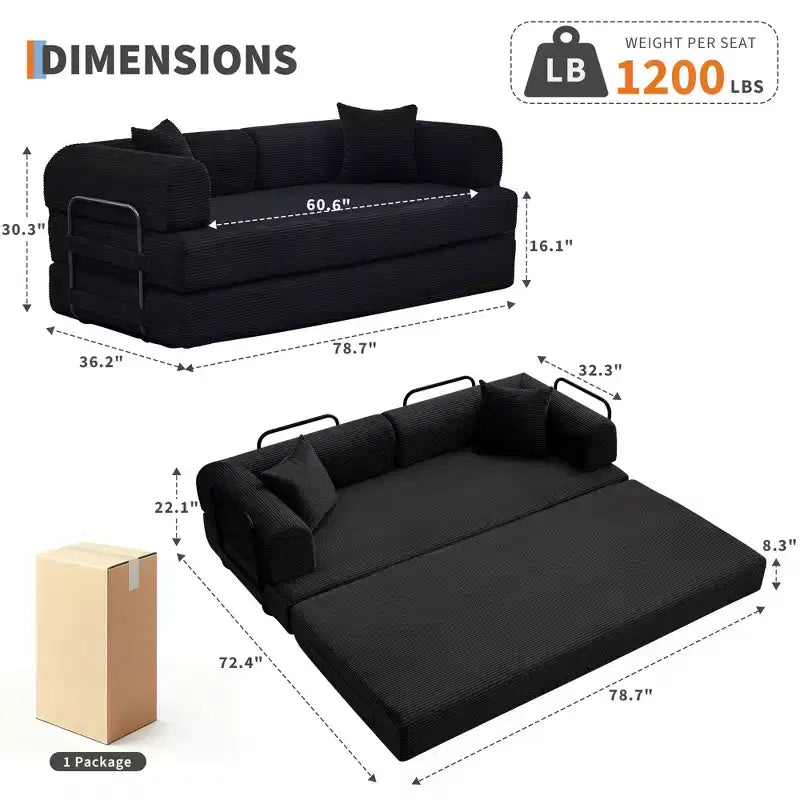 Canapé-lit de sol pliable en velours côtelé sans cadre avec oreillers de 78,7 po (aucun assemblage requis)