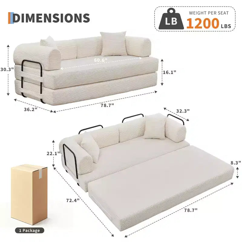 Canapé-lit de sol pliable en velours côtelé sans cadre avec oreillers de 78,7 po (aucun assemblage requis)