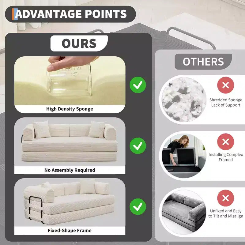 Canapé-lit de sol pliable en velours côtelé sans cadre avec oreillers de 78,7 po (aucun assemblage requis)