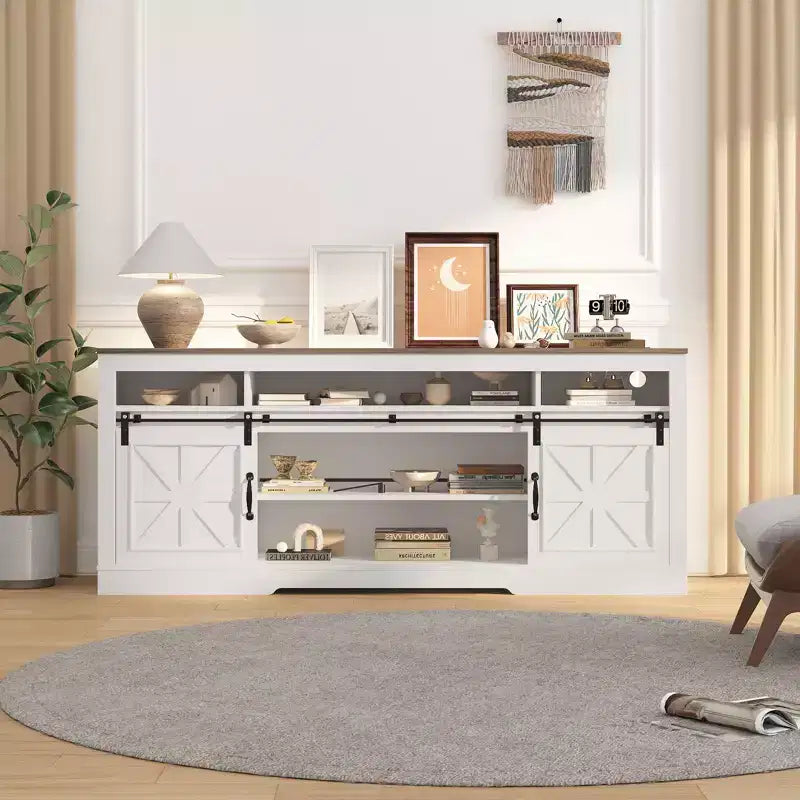 Farmhouse Style 66 TV Stand for 75 Inch TV  Media Console Table with Barn Doors, Adjustable Shelves, Open Storage suitable for Living Room