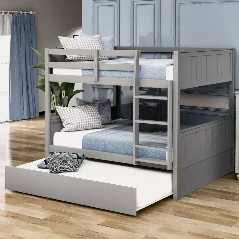 FAMYYT Full Size Bunk Bed With Twin Size Trundle, Ladder, Easy Assembly, Gray
