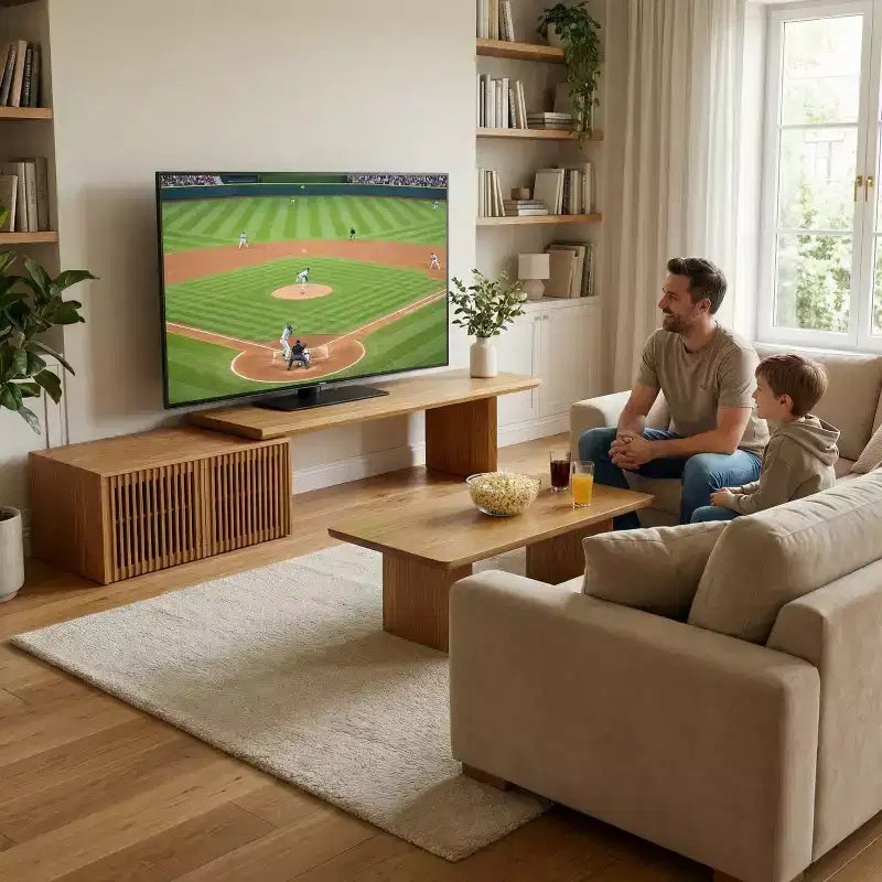 Meuble TV extensible (78.7-110), Centre de divertissement moderne avec rangement pour téléviseurs de 55 pouces et plus, Naturel