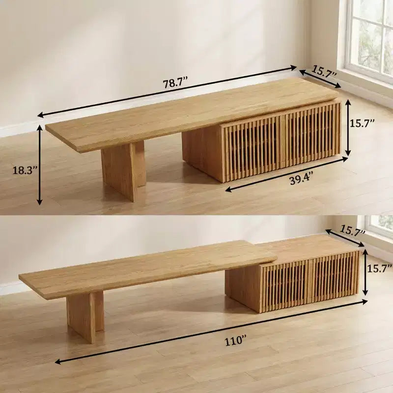 Meuble TV extensible (78.7-110), Centre de divertissement moderne avec rangement pour téléviseurs de 55 pouces et plus, Naturel