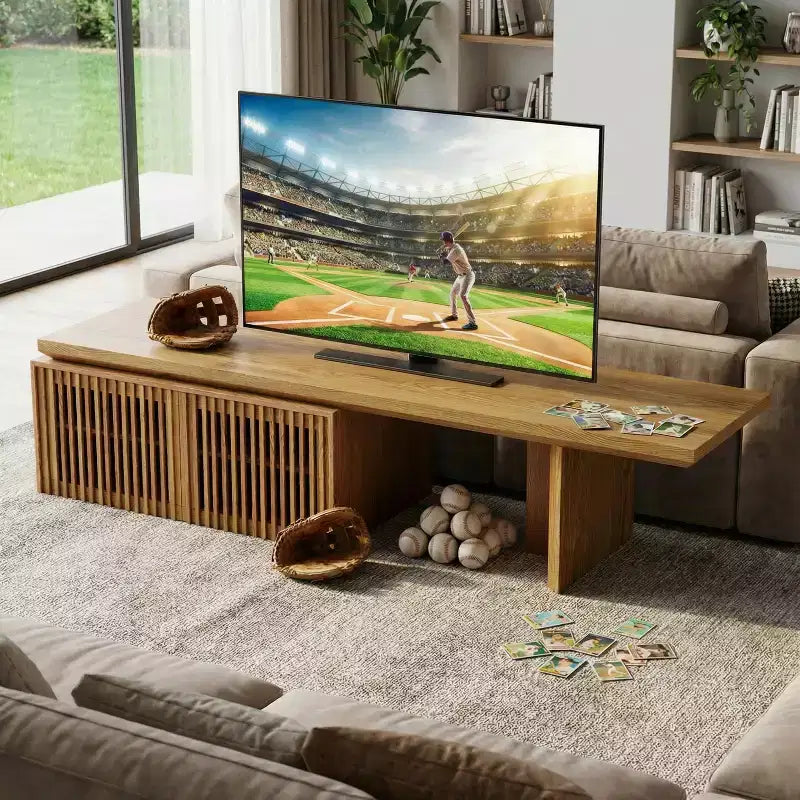 Meuble TV extensible (78.7-110), Centre de divertissement moderne avec rangement pour téléviseurs de 55 pouces et plus, Naturel