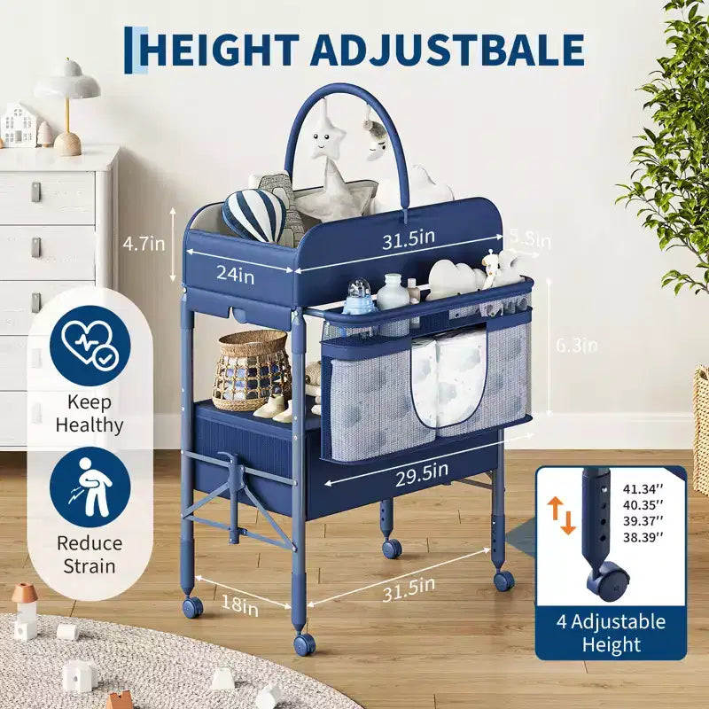 Table à langer pliable avec roulettes, station à langer à hauteur réglable avec 2 tiroirs, organisateur de chambre d'enfant mobile et étanche pour nouveau-nés