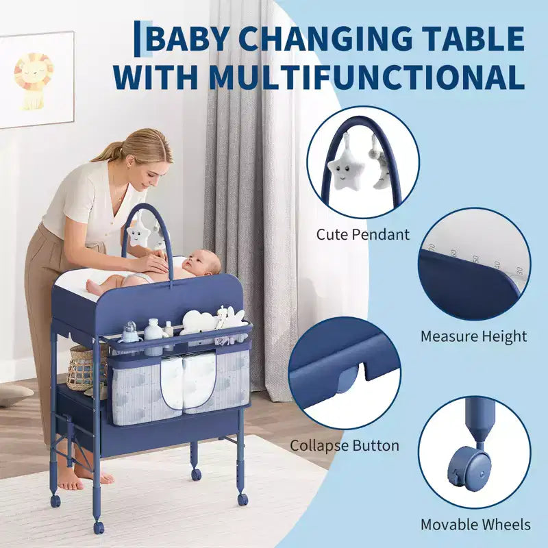 Table à langer pliable avec roulettes, station à langer à hauteur réglable avec 2 tiroirs, organisateur de chambre d'enfant mobile et étanche pour nouveau-nés