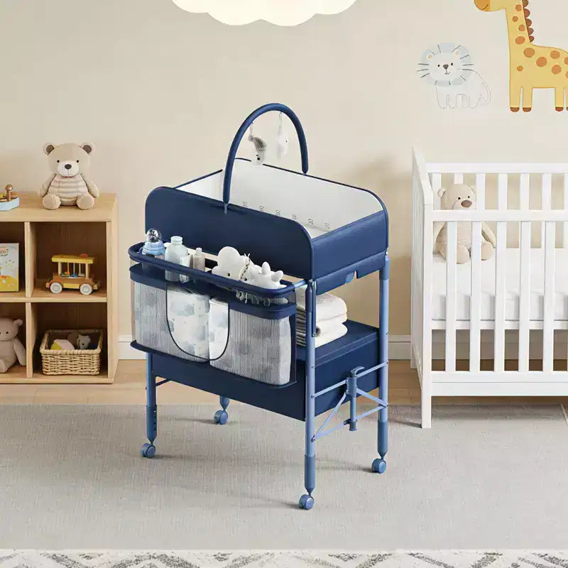 Table à langer pliable avec roulettes, station à langer à hauteur réglable avec 2 tiroirs, organisateur de chambre d'enfant mobile et étanche pour nouveau-nés