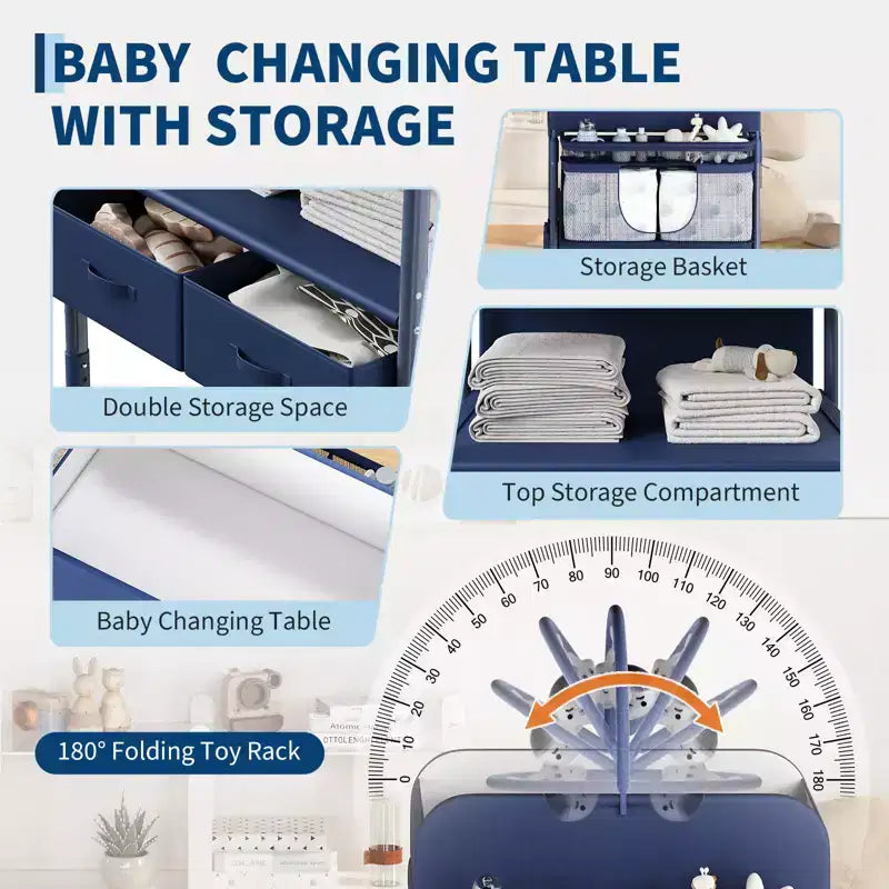 Table à langer pliable avec roulettes, station à langer à hauteur réglable avec 2 tiroirs, organisateur de chambre d'enfant mobile et étanche pour nouveau-nés