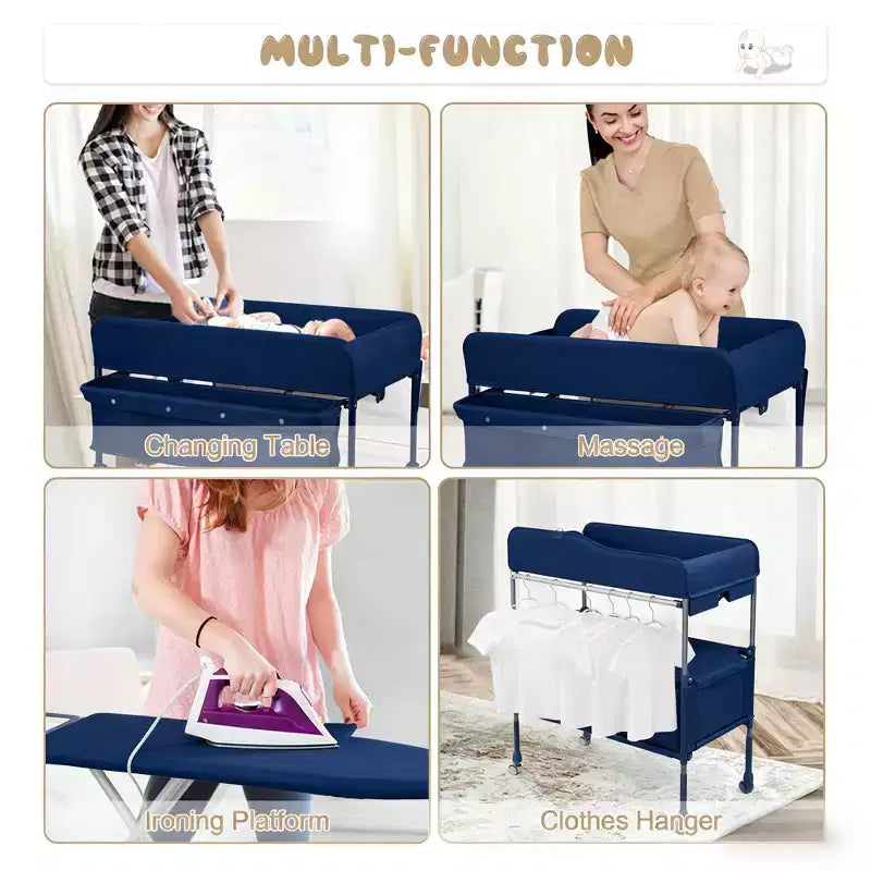 Table à langer pliable avec roulettes, station à langer à hauteur réglable avec 2 tiroirs, organisateur de chambre d'enfant mobile et étanche pour nouveau-nés
