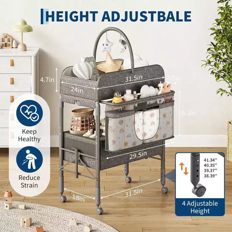 Table à langer pliable avec roulettes, station à langer à hauteur réglable avec 2 tiroirs, organisateur de chambre d'enfant mobile et étanche pour nouveau-nés