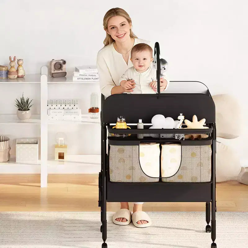 Table à langer pliable avec roulettes, station à langer à hauteur réglable avec 2 tiroirs, organisateur de chambre d'enfant mobile et étanche pour nouveau-nés