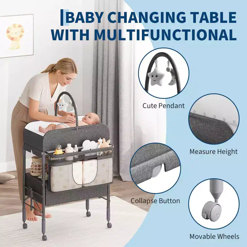Table à langer pliable avec roulettes, station à langer à hauteur réglable avec 2 tiroirs, organisateur de chambre d'enfant mobile et étanche pour nouveau-nés