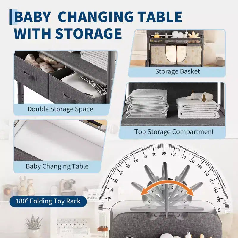 Table à langer pliable avec roulettes, station à langer à hauteur réglable avec 2 tiroirs, organisateur de chambre d'enfant mobile et étanche pour nouveau-nés